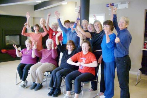 Occupational therapist Ashley Williams (seated at right) leads the seniors' fitness classes at the Sharbot Lake Family Health Team. Photo courtesy of Sally Angle